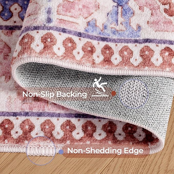 8x10 Area Rugs for Living Room, Machine Washable Low Pile Rug, Non Slip Backing Boho Rugs for Bedroom, Printed Soft Vintage Carpet Peach Pink 8 x 10