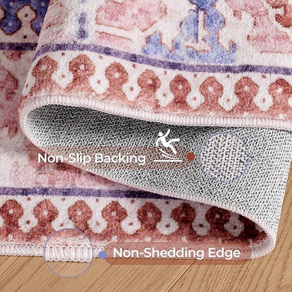 5x7 Area Rugs for Living Room, Machine Washable Low Pile Rug, Non Slip Backing Boho Rugs for Bedroom, Printed Soft Vintage Carpet Peach Pink 5 x 7