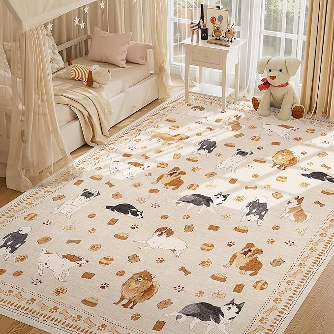 DUKINO 8x10 Area Rug, Non Slip Washable Animal Dog Rug for Living Room, Stain Resistant & Low Pile Indoor Floor Large Carpet for Bedroom, Farmhouse, Nursery, Dining Room, Kids Playroom, Beige Yellow