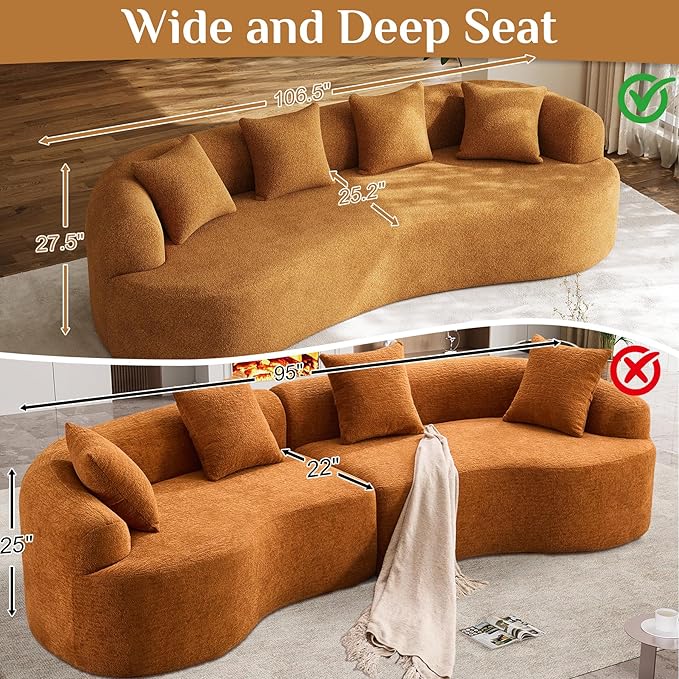 Oversized Sectional Sofa for Living Room, Modern Luxury Plush Chenille 4-Seater Extra Deep & Wide Seat Curved Cloud Couch with 4 Throw Pillows, No Assembly Needed, Sienna Orange