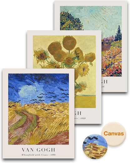 HesenDot Unframed Vincent Van Gogh Wall Art Prints Set of 3, 12x16in Classic Post-Impressionist Posters, Wheatfield and Sunflowers Canvas Print, Vintage Oil Painting Home Decor for Bedroom Living Room