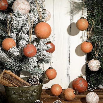 24 Pcs 3.15'' Large Rustic Vintage Neutral Textured Farmhouse Brown 2025 Christmas Ornaments Ball for Christmas Tree Decor,Boho Orange Copper Hanging Xmas Ornaments Shatterproof Ball for Home Decor