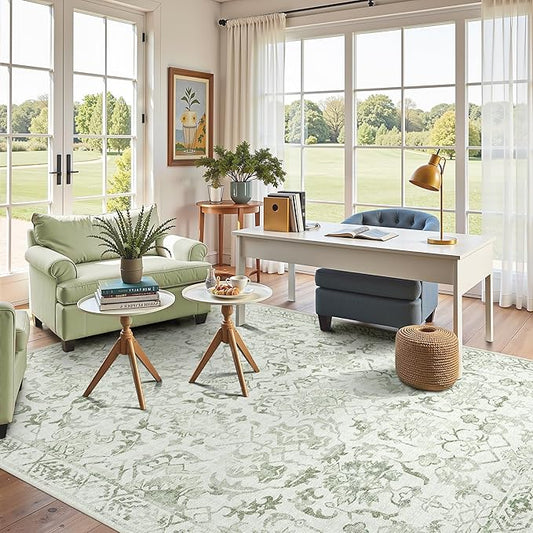 Sage Vintage Area Rug 5x7 for Living Room Bedroom, Washable Distressed Farmhouse Soft Thin Non-Shedding Indoor Throw Rug, Traditional Accent Carpet for Bedroom Office