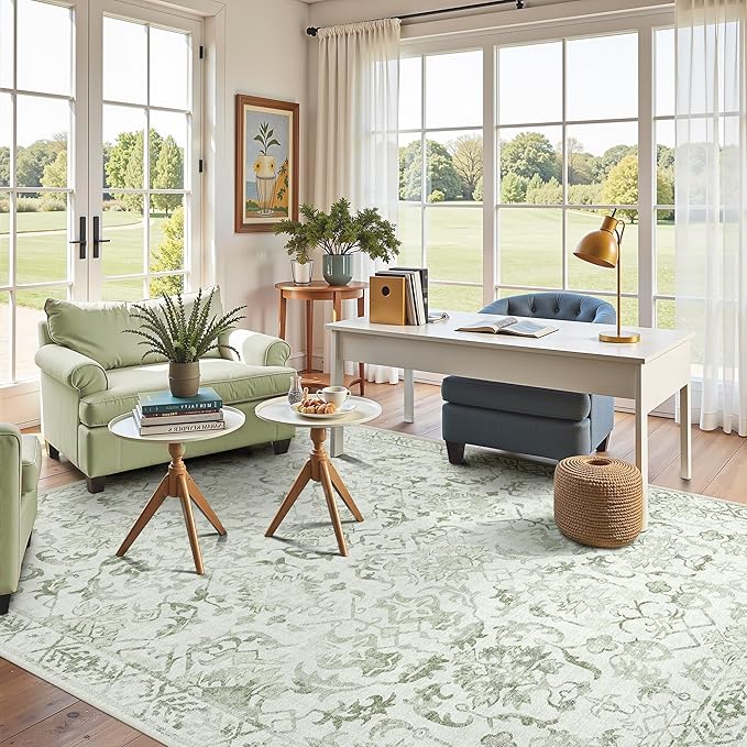 Sage Green Area Rugs 5x8 for Living Room, Washable Vintage Rugs for Bedroom, Distressed Throw Rug, Non Slip Rug Carpet for Bedroom Dining