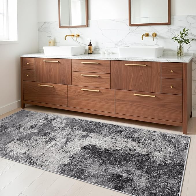 Abstract Kitchen Runner Rug 3x8: Washable Non Slip Carpet Runner for Hallway Bedroom Laundry - Low Pile Ultra Thin Modern Entryway Throw Carpet - Soft Boho Floor Mat for Home Decor (3X8 Black-Grey)