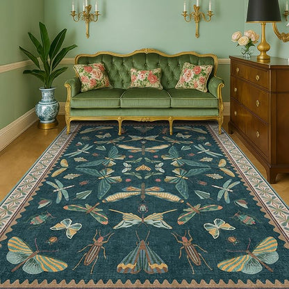 Hazo Haus Insect Blue Green Living Room Rug 5x8 - Washable Area Rug for Bedroom, Dining Room, Kids Playroom, Home Office, Boho Butterfly Non Slip Stan Resistant