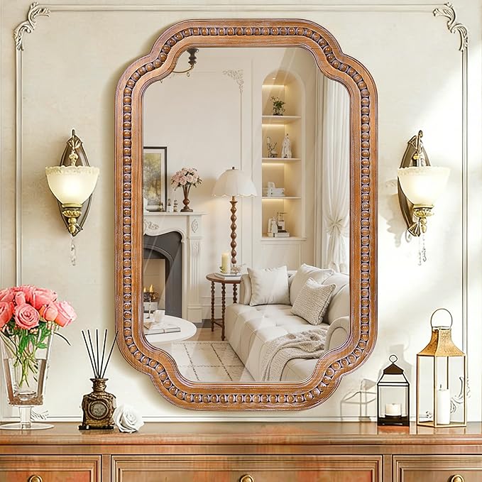 24x36 Inch Farmhouse Beaded Wall Mirror, Wood Scalloped Decorative Mirror, French Vintage Accent Mirror for Bathroom, Entryway & Glam Boho Decor