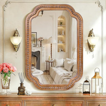 24x36 Inch Farmhouse Beaded Wall Mirror, Wood Scalloped Decorative Mirror, French Vintage Accent Mirror for Bathroom, Entryway & Glam Boho Decor