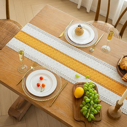 FEXIA Boho Table Runner for Summer Home Decor with Tassels 72 Inches Long Farmhouse Yellow Rustic Table Decoration Macrame Burlap Decor for Living Room Bridal Shower (12x72 Inches)