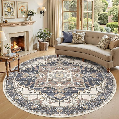 8ft Round Rug for Living Room: 8x8 Washable Vintage Blue Beige Area Rug, Large Non Slip Soft Stain Resistant Indoor Floor Carpet for Bedroom Dining Decor Home Office Kid & Pet Friendly
