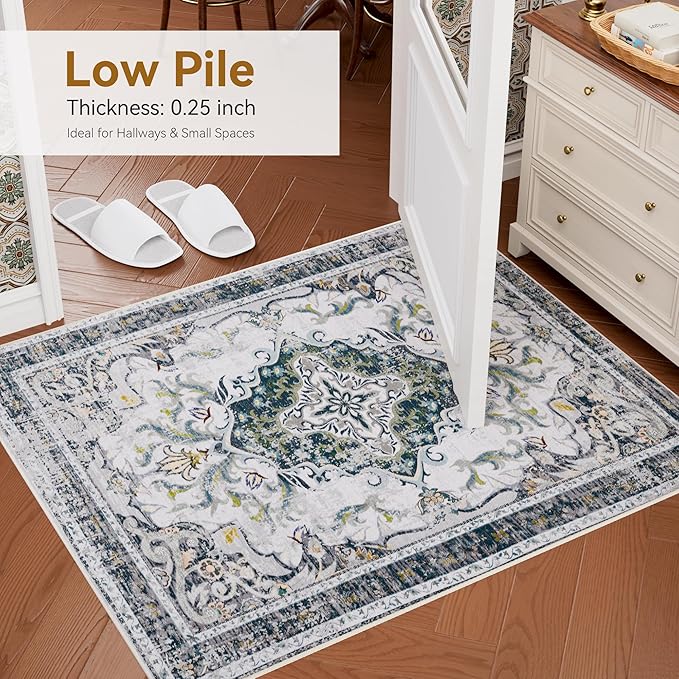 RUSHUFFY 2x3 Washable Small Rug Door Mat, Rugs for Entryway, Vintage Boho Distressed Print Pattern Non-Slip Carpet, Throw Rug for Indoor Entrance Kitchen Bedroom Bathroom Laundry Floor, Grey White