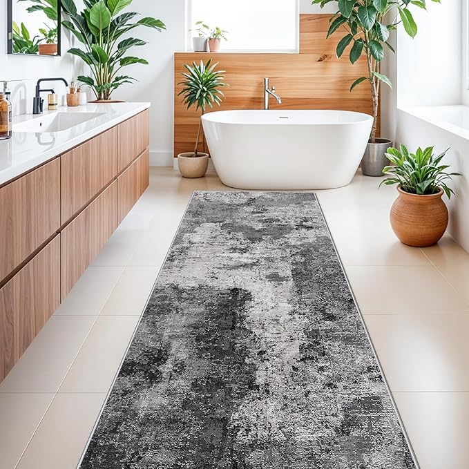 Abstract Kitchen Runner Rug 3x8: Washable Non Slip Carpet Runner for Hallway Bedroom Laundry - Low Pile Ultra Thin Modern Entryway Throw Carpet - Soft Boho Floor Mat for Home Decor (3X8 Black-Grey)