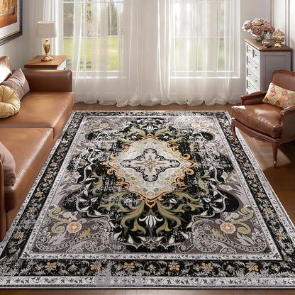 RUSHUFFY 5x7 Washable Area Rugs for Bedroom, Vintage Boho Distressed Print Pattern Rugs for Living Room, Soft Non-Slip Carpet for Indoor Dining Room Nursery Farmhouse Girls Room, Black & Gold