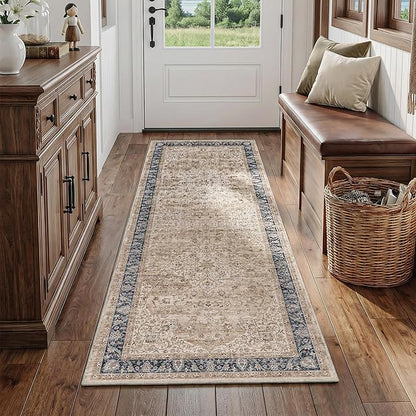 FMFUNCTEX 2x6 Hallway Runner Rug Brown Vintage Washable Distressed Oriental Non Slip Low Pile Neutral Indoor Carpet Retro Antique Thin Entryway Rug for Kitchen Bedroom Bedside Laundry Entry Bathroom