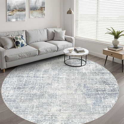 6ft Round Rug Living Room: 6x6 Washable Large Neutral Blue Circle Area Rug Abstract Soft Modern Stain Resistant Indoor Floor Non-Slip Carpet for Bedroom Nursery Kids Office Playroom Dining Room