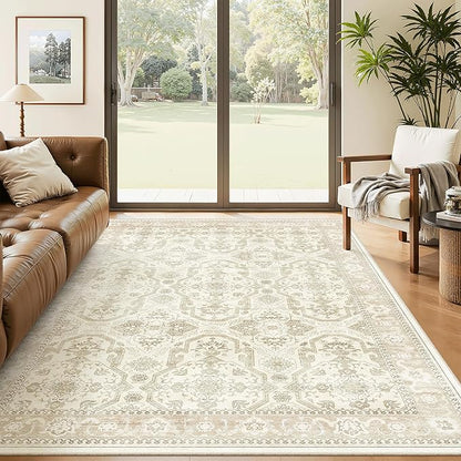 Soalmost 7x9 Area Rug for Living Room Washable Abstract Vintage Soft Thin Indoor Floor Non-Slip Carpet for Bedroom Dining Room Beige/Brown