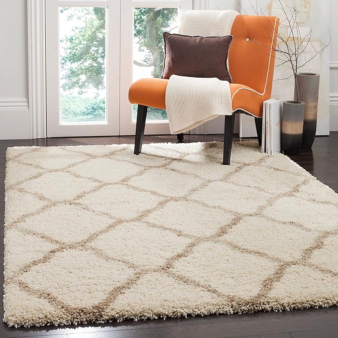 SAFAVIEH Hudson Shag Collection Area Rug - 3' Round, Grey & Ivory, Moroccan Trellis Design, Non-Shedding & Easy Care, 2-inch Thick Ideal for High Traffic Areas in Living Room, Bedroom (SGH283B)