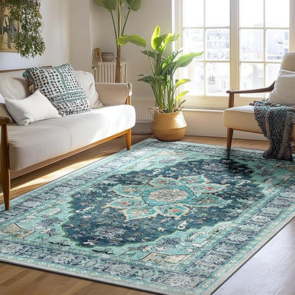BESTSWEETIE 5x7 Area Rug Washable Rugs for Living Room, No Pile Boho Carpet for Entryway Bedroom Dinning Room, Vintage Carpet Print Distressed Non-Slip, 5 x 7 ft, Teal Dark Green