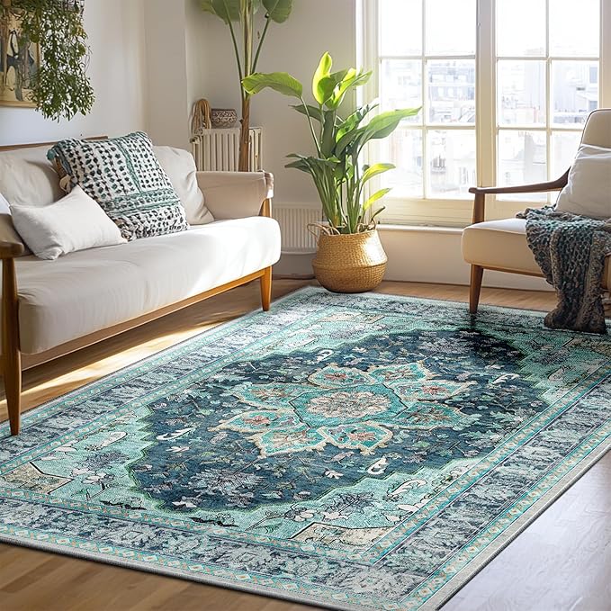 BESTSWEETIE 6x9 Area Rug Washable Rugs for Living Room, No Pile Boho Carpet for Entryway Bedroom Dinning Room, Vintage Carpet Print Distressed Non-Slip, 6 x 9 ft, Teal Dark Green