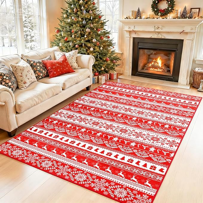 Soft Area Rugs for Living Room, 4x6 Vintage Washable Snowflake Print Carpet, Non Slip Low Pile Soft Modern Red Bedroom Home Decor Rugs for Bedside, Kids Room, Office, Dining Room, Nursery, Red