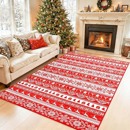Soft Area Rugs for Living Room, 4x6 Vintage Washable Snowflake Print Carpet, Non Slip Low Pile Soft Modern Red Bedroom Home Decor Rugs for Bedside, Kids Room, Office, Dining Room, Nursery, Red