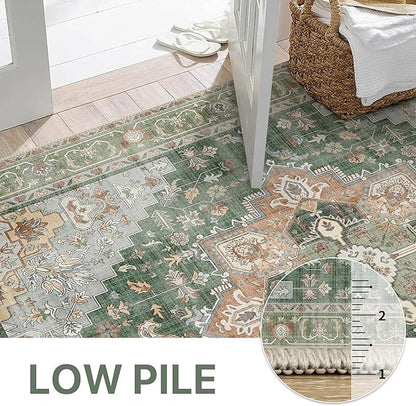 GENIMO 8x10 Area Rugs for Living Room, Machine Washable Non Slip Vintage Rugs, Low Pile Lightweight Chenille Print Rug for Bedroom, Dining Room, Home Office, Sage Green