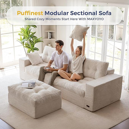 MAXYOYO 104" L Shaped Modular Sectional Sofa with Ottoman, Cloud Boneless Couch with Layered Cushion, Upholstered Sofa Flexible Module Combination for Living Room, No Assembly, Beige