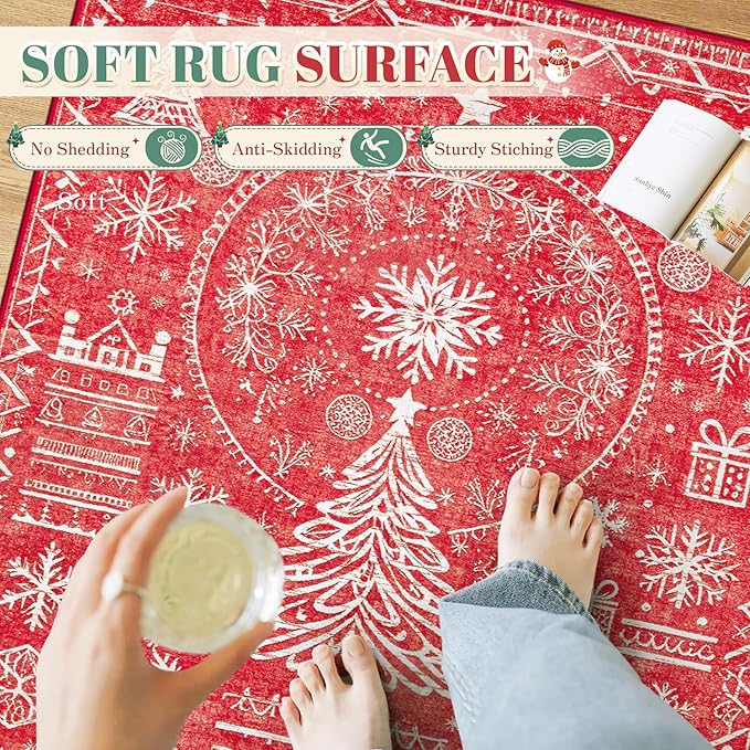 Christmas Area Rug for Living Room 6x9: Large Washable Xmas Rugs Boho Moroccan Holiday Rug Soft Non Slip Carpet for Bedroom Dining Table Home(Xmas Red, 6'X9')