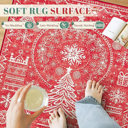 Christmas Area Rug for Living Room 6x9: Large Washable Xmas Rugs Boho Moroccan Holiday Rug Soft Non Slip Carpet for Bedroom Dining Table Home(Xmas Red, 6'X9')