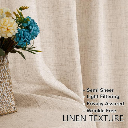 2 Pieces French Door Curtains Linen W35 x L72 Dual Rod Pocket Light Coffee Semi Sheer Curtains for French Door with Tieback for Privacy Protection Light Filtering for Kitchen Dining Room