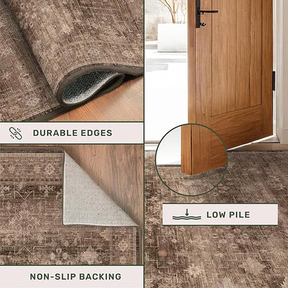 Hazo Haus Brown Neutral Boho Washable 3x12 Extra Long Hallway Runner Rug, Waterproof Large Kitchen Floor Rug Indoor, Non-Slip Stain & Fade Resistant, Vintage Dark Earthy Taupe Decor