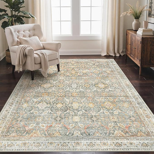 GENIMO 9x12 Area Rugs for Living Room, Machine Washable Non Slip Vintage Rugs, Low Pile Lightweight Chenille Print Rug for Bedroom, Dining Room, Home Office, Turmeric