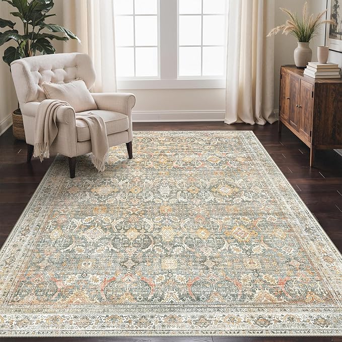 GENIMO 8x10 Area Rugs for Living Room, Machine Washable Non Slip Vintage Rugs, Low Pile Lightweight Chenille Print Rug for Bedroom, Dining Room, Home Office, Turmeric