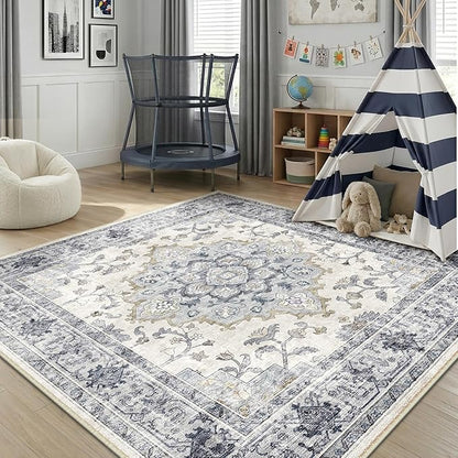 CAPALOCA Machine Washable Rugs Nursery Rug Sq6ft Cute Girl Non Slip Low Pile Water Repellent Soft Print Pattern for Bedroom Indoor Decor Kids Playroom Blue White