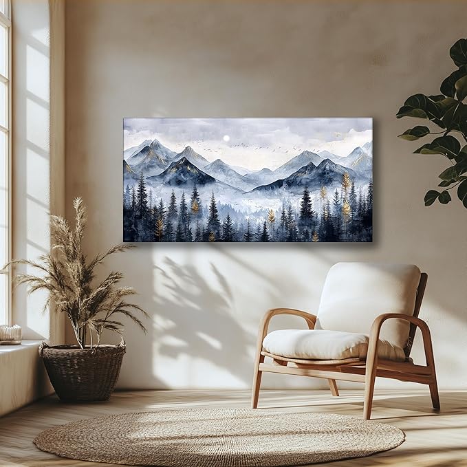 SERIMINO Mountain Landscape Large Wall Art, Misty Forest Canvas Prints, Blue Gold Watercolor Pine Tree Paintings Wall Decor Living Room Bedroom, Natural Scenery Office Decor Pictures 29"X57"