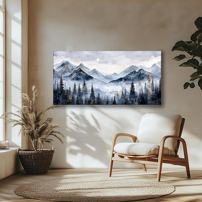 SERIMINO Mountain Landscape Large Wall Art, Misty Forest Canvas Prints, Blue Gold Watercolor Pine Tree Paintings Wall Decor Living Room Bedroom, Natural Scenery Office Decor Pictures 29"X57"