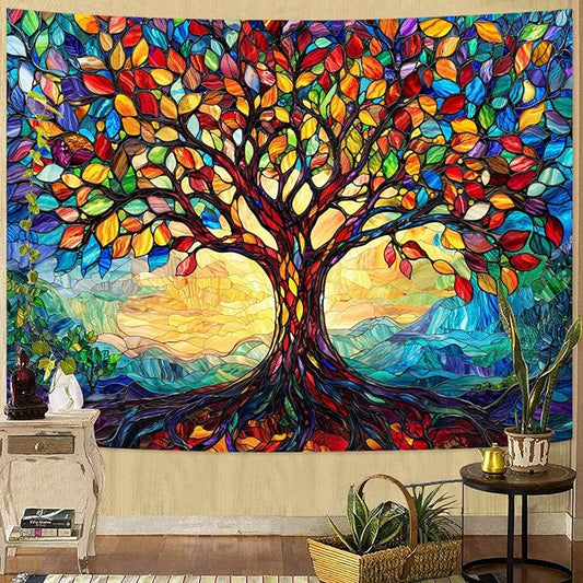 Lunerfex Tree of Life Tapestry Stained Glass Tapestry Wall Decor Tapestries for Bedroom Art Tapestries Wall Hanging for Bedroom Living Room Glass-Tree-01 70"x90"