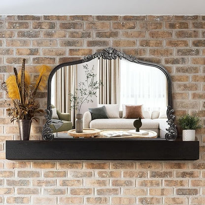 Wylde Iris English Estate Carved Arch Wood Wall Mirror, Mirror for Entryway, Living Room, Bathroom, Distressed Black, 26x37