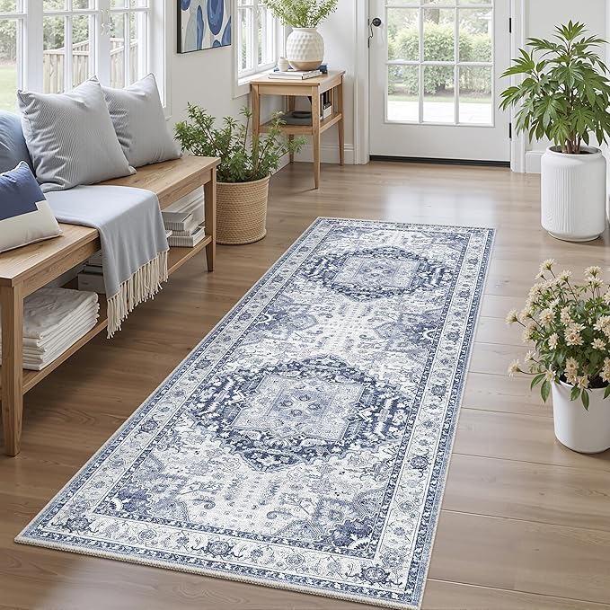 2x5 Washble Hallway Runner Rug - Vintage Non Slip Rugs for Entryway Ultra Soft Stain Resistant Distressed Indoor Low Pile Mat Waterproof Carpet for Living Room Bedroom Laundry Navy/Blue