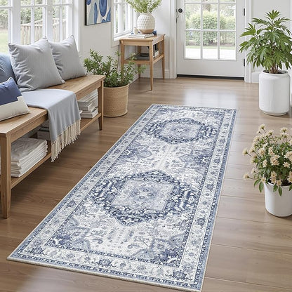 2x5 Washble Hallway Runner Rug - Vintage Non Slip Rugs for Entryway Ultra Soft Stain Resistant Distressed Indoor Low Pile Mat Waterproof Carpet for Living Room Bedroom Laundry Navy/Blue