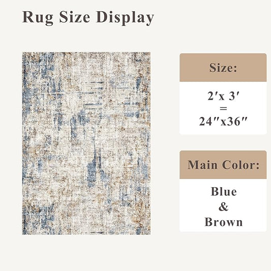 2x3 Washable Non-Slip Area Rug - Soft Low Pile Throw Rug for Kitchen Entryway Bedroom - Modern Indoor Door Mat with Rubber Backing （Blue Brown）