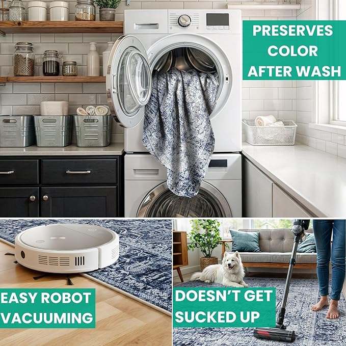 Bloom Rugs Washable Non-Slip 10 ft Runner - Ivory/Denim Blue Traditional Medallion Runner for Entryway, Hallway, Bathroom, and Kitchen - Exact Size: 2.5' x 10'