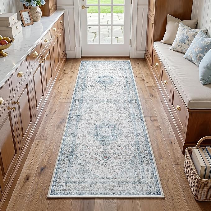 FMFUNCTEX 2x6 Hallway Runner Rug Blue Vintage Washable Distressed Oriental Non Slip Low Pile Neutral Indoor Carpet Retro Antique Thin Entryway Rug for Kitchen Bedroom Bedside Laundry Entry Bathroom