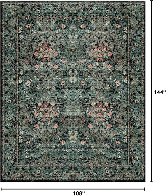 Farmhouse 9x12 Dark Green Floral Living Room Area Rugs, Large Washable Vintage Distressed Rug for Bedroom, Dining Room Under Table, Moody Low Pile Non-Slip Retro Carpet, Soft Boho Art Deco Mat