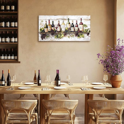crmotu Wine Bottle Still Life Wall Art, Vintage Kitchen Large Canvas Paintings, Rustic Dining Room Artwork for Walls, Modern Pictures Wall Decor for Home Bar Wine Tasting Room Art Prints 20x40inch