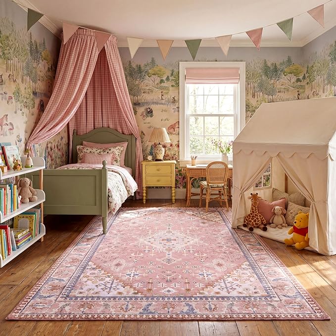 8x10 Area Rugs for Living Room, Machine Washable Low Pile Rug, Non Slip Backing Boho Rugs for Bedroom, Printed Soft Vintage Carpet Peach Pink 8 x 10