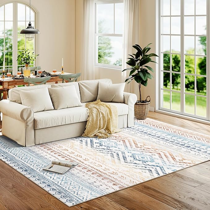 Miukiki 6x9 Area Rug for Living Room Moroccan Washable Rugs Non Slip Indoor Floor Carpet Foldable Large Soft Area Rug for Dining Room Bedroom with Low Pile(Colorful,6'x9')