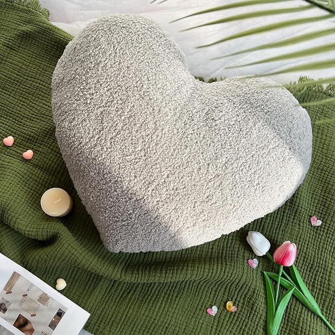 EastTree Heart Pillows, Light Grey Heart Shaped Pillows, Love Throw Pillows, Cute Sherpa Heart Decor, Small Fluffy Pillows, Women Girls Living Bedroom Home Decoration 10x13 Inch