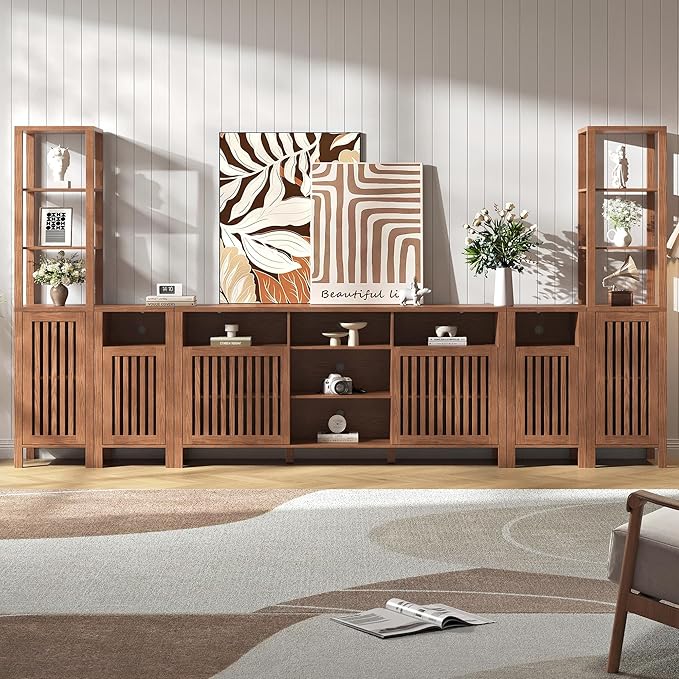 BVIUNTWO Farmhouse TV Stand for 100 inch TVs, Entertainment Center with Bookshelves, 6 Door Media Console with Adjustable Shelves, Storage Cabinet for Living Room Bedroom Home Theater, Rustic Brown
