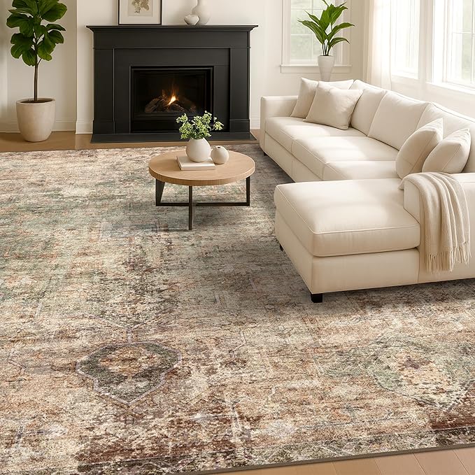 Hazo Haus Farmhouse Floor Rugs for Living Room - Brown and Green Dining Room Area Rugs 8x10 for Bedroom, Washable, Soft, Lightweight & Stain Resistance, Neutral Dark Vintage Medallion Decor